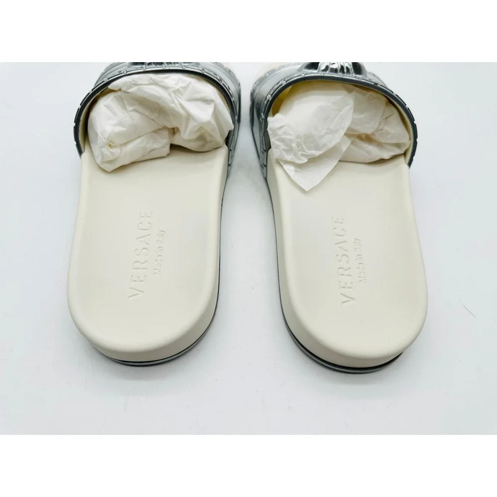 Versace Medusa Head Greek Key Slides Silver Off White Mens Sandals Sz 40 IT US 7